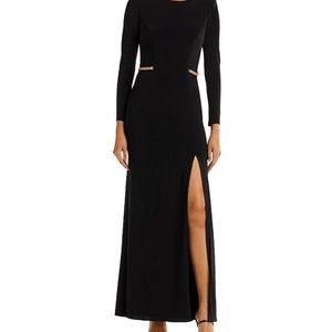 Long black high slit gown with chain accent